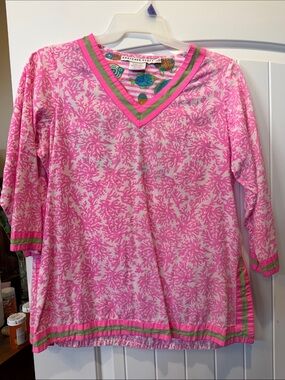 Gretchen Scott Pink & Green Striped Coral-Print V-Neck Tunic